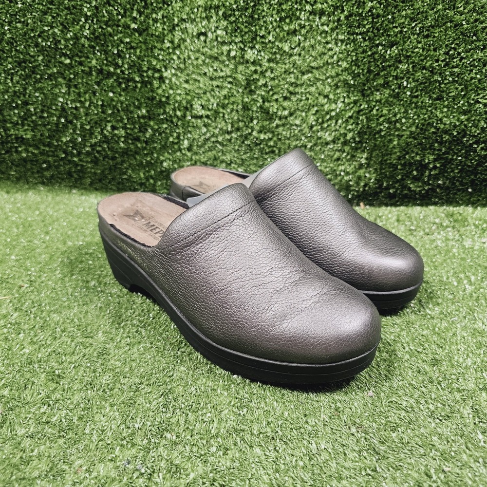 Mephisto Satty Metallic Grey Leather Slip On Comfort Clog Mules Womens 37 US‎ 7